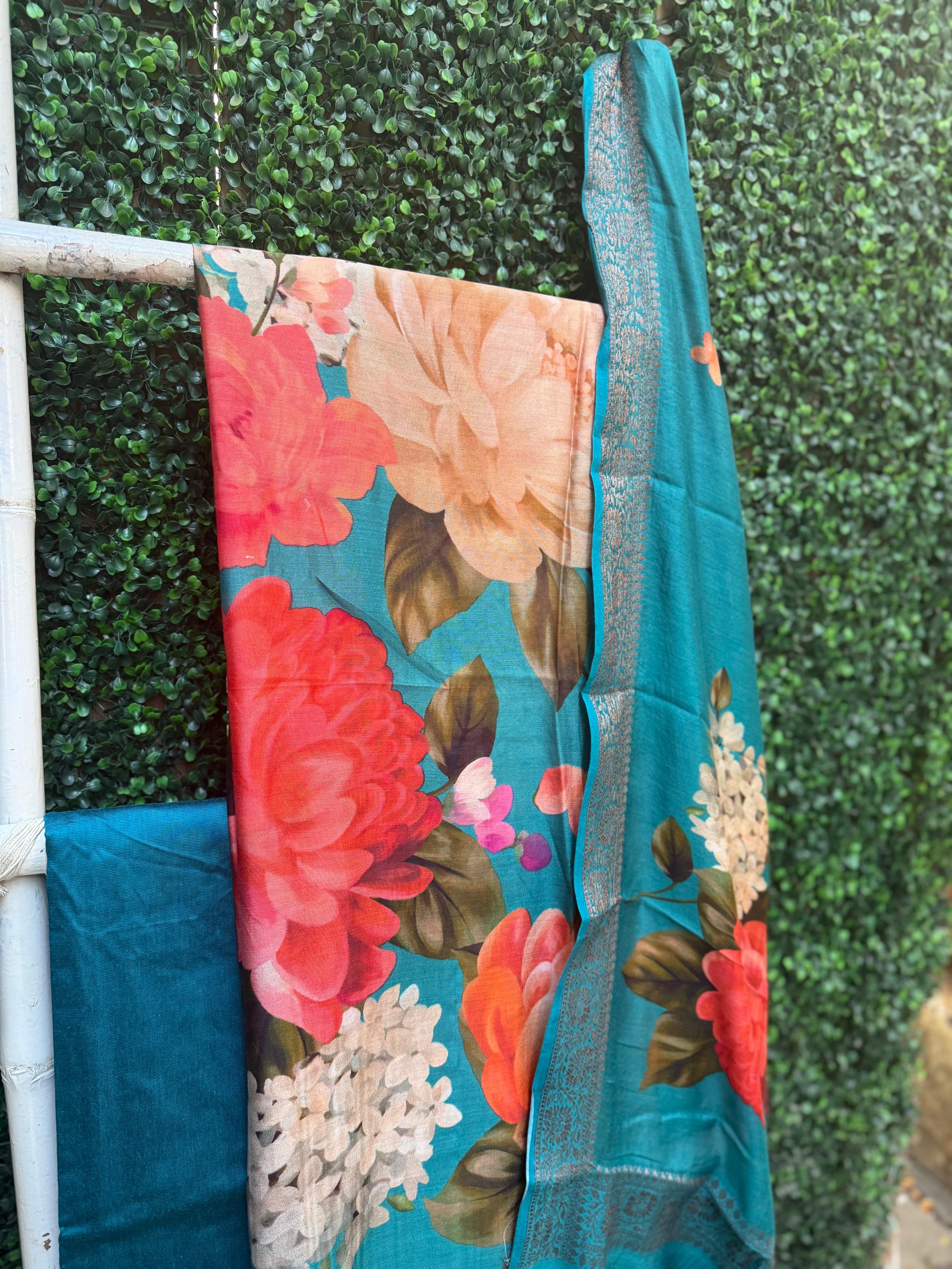 Pure Chanderi Silk Firozi Blue Banarasi Border Suit Set