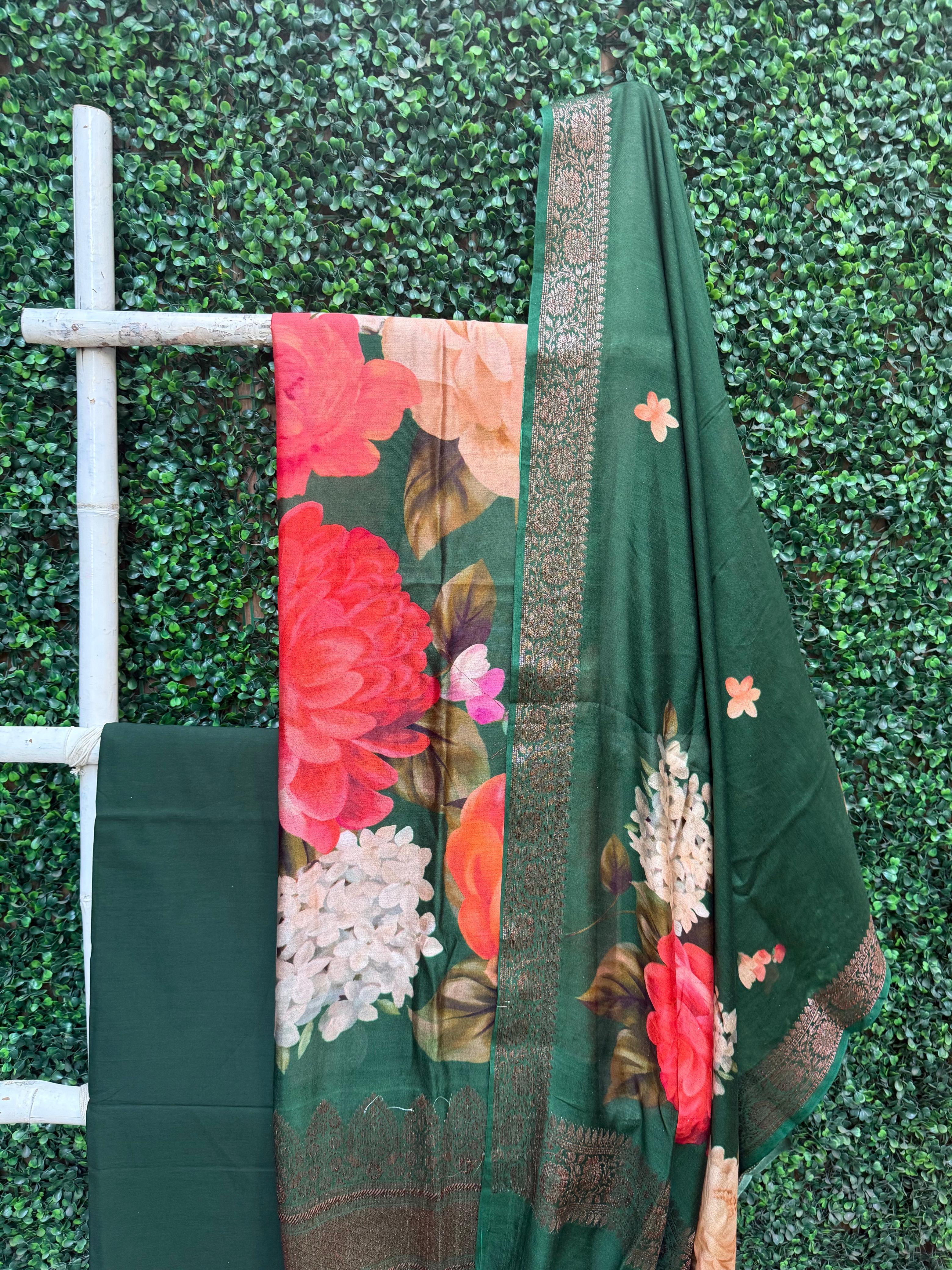 Pure Chanderi Silk Dark Green Banarasi Border Suit Set