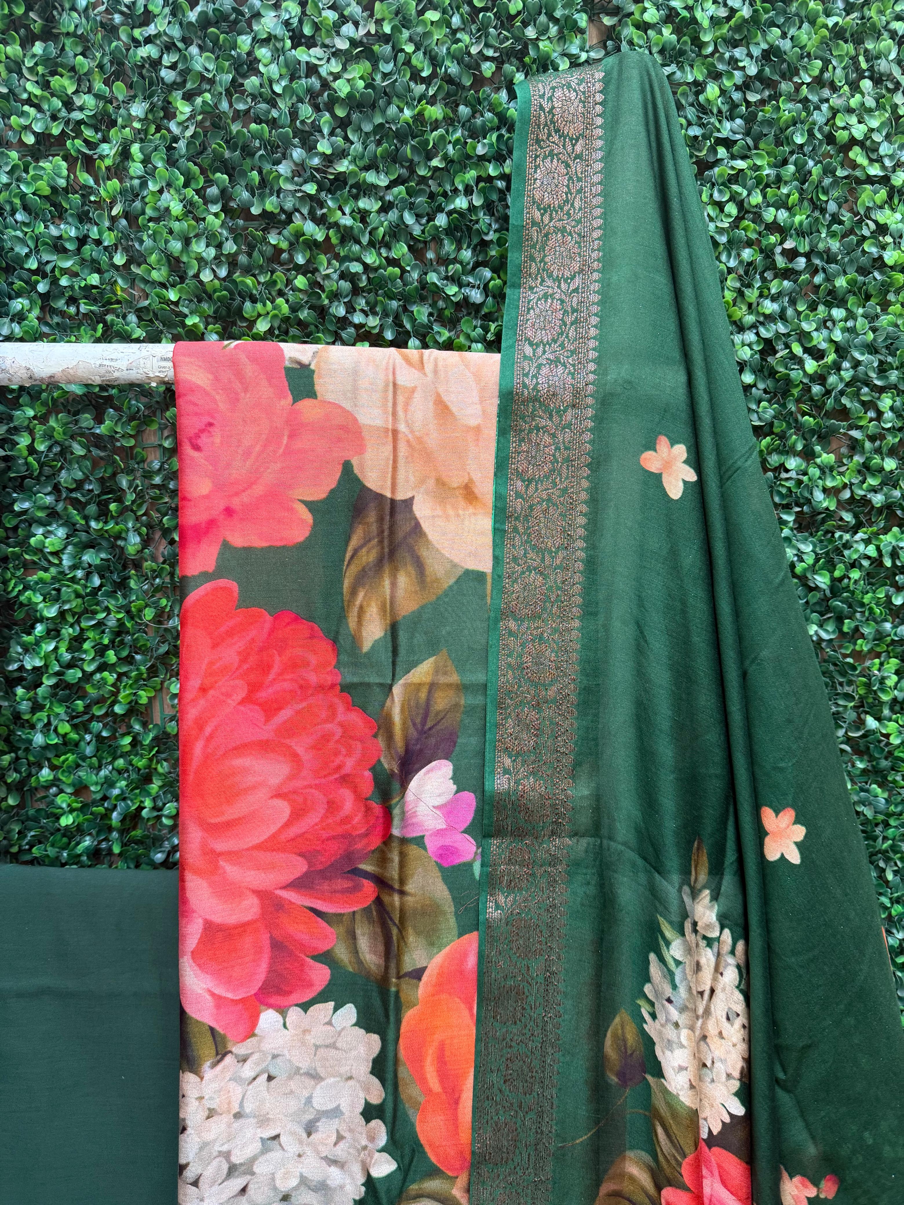 Pure Chanderi Silk Dark Green Banarasi Border Suit Set