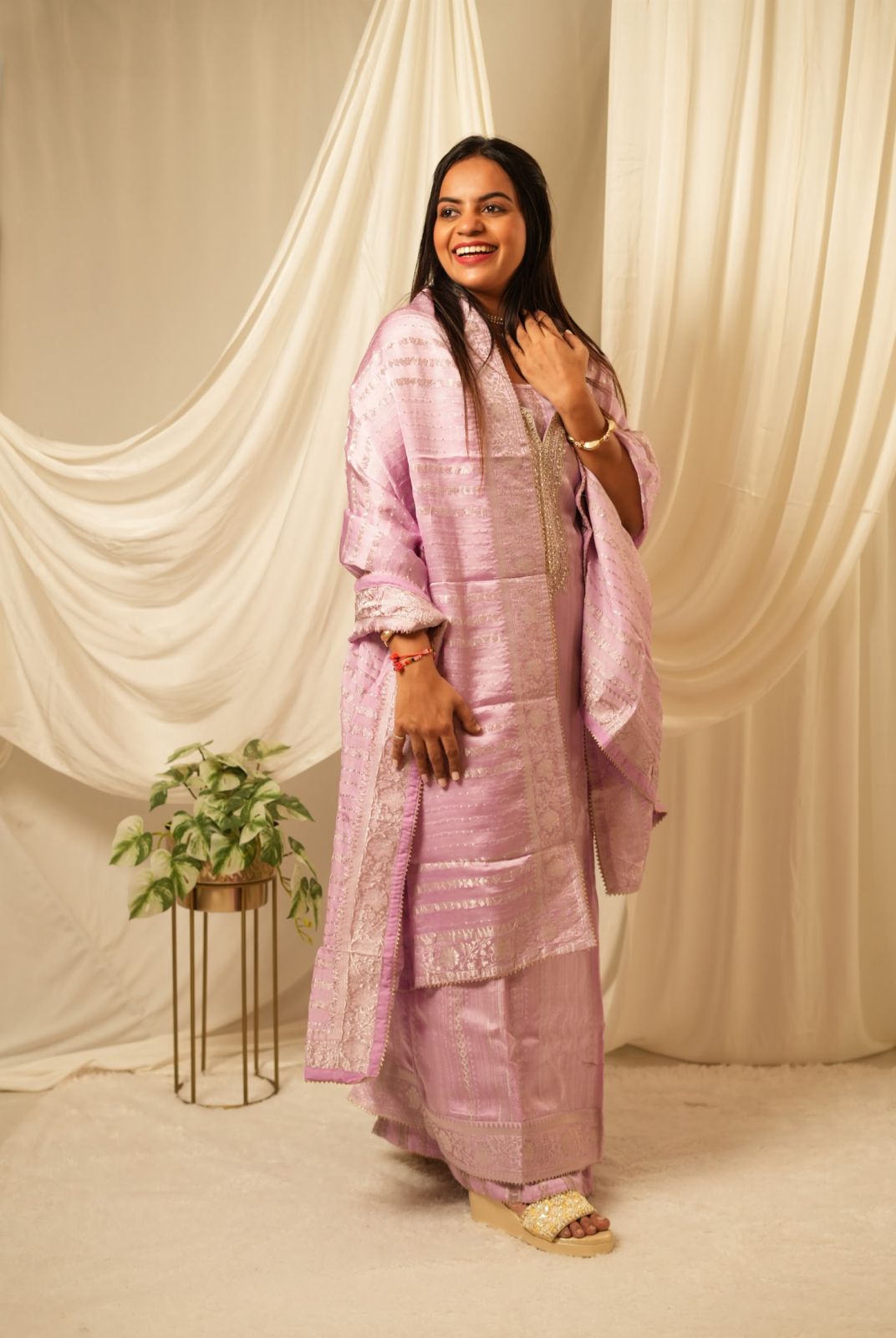 Lavender Silver Weave Elegance – Pure Modal Satin Banarasi Suit Set