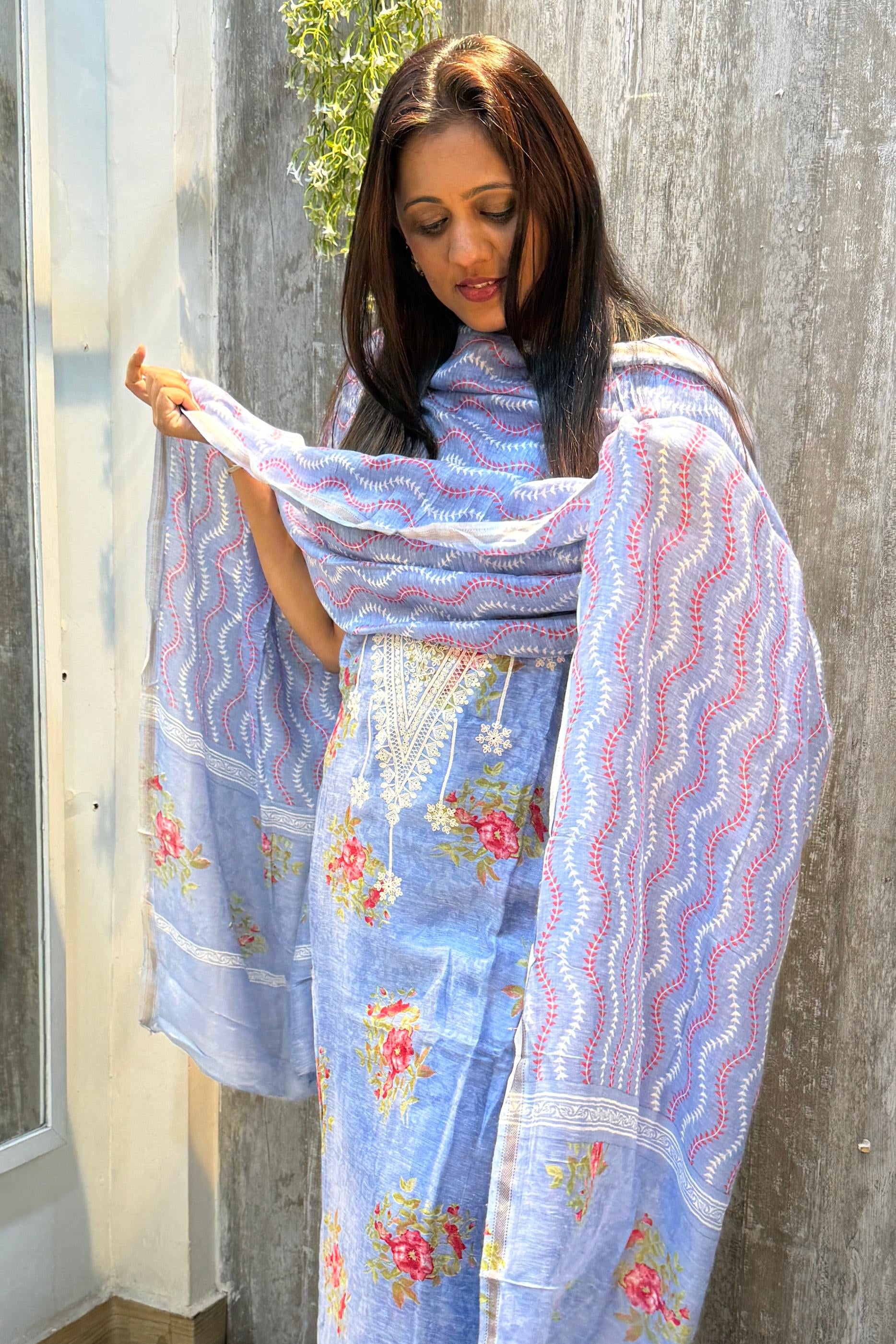 Pastel Blue Satin Linen Suit Set