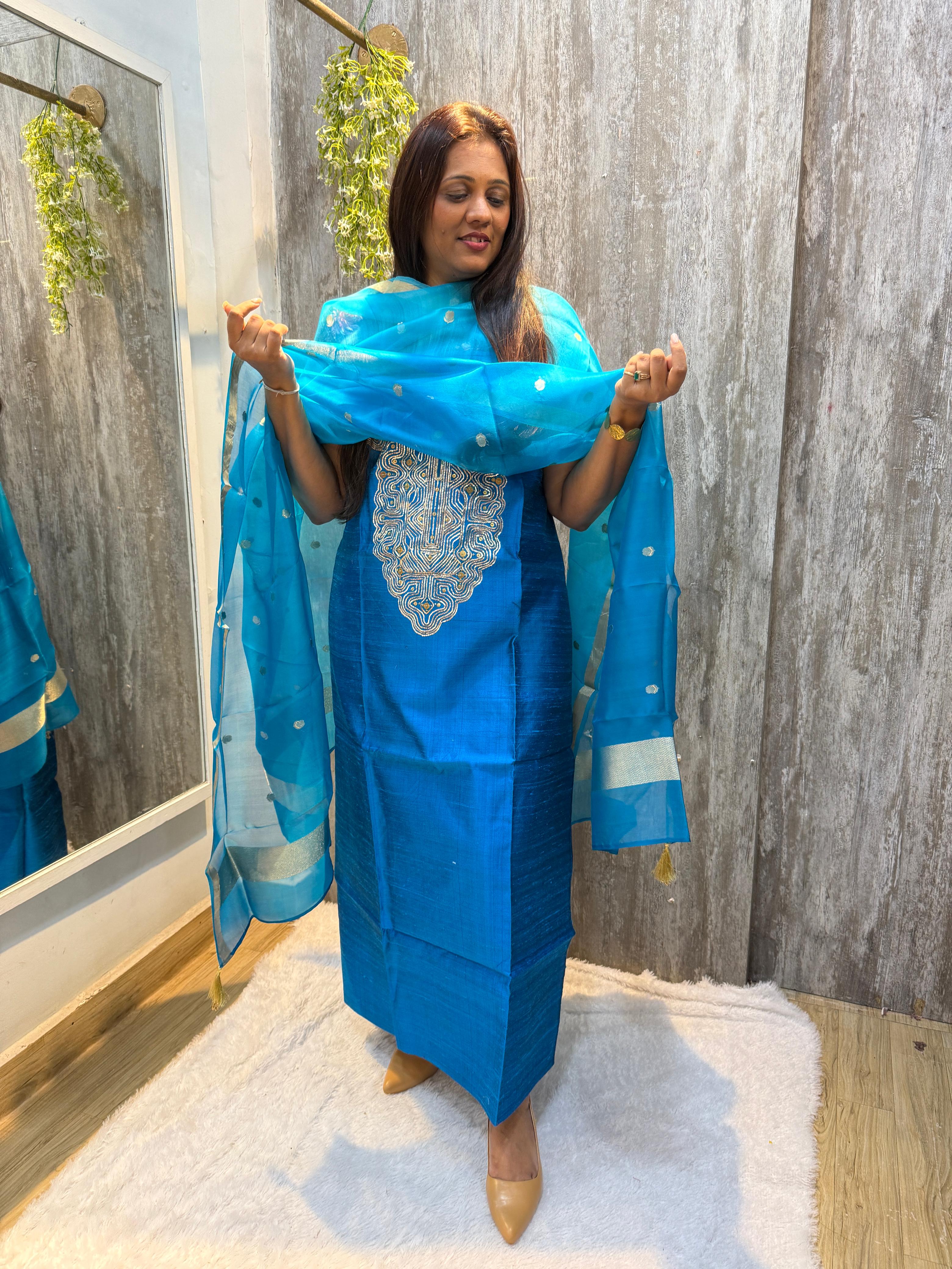 Pure Raw Silk Firozi Blue Banarasi Suit Set