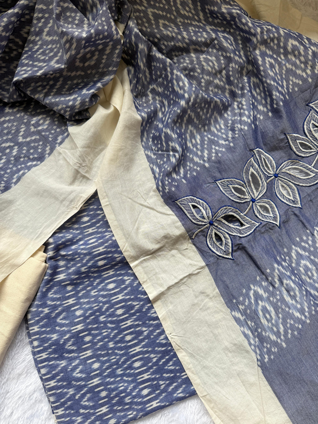 Blue & Grey Ikkat Cutwork 3 Pc Suit