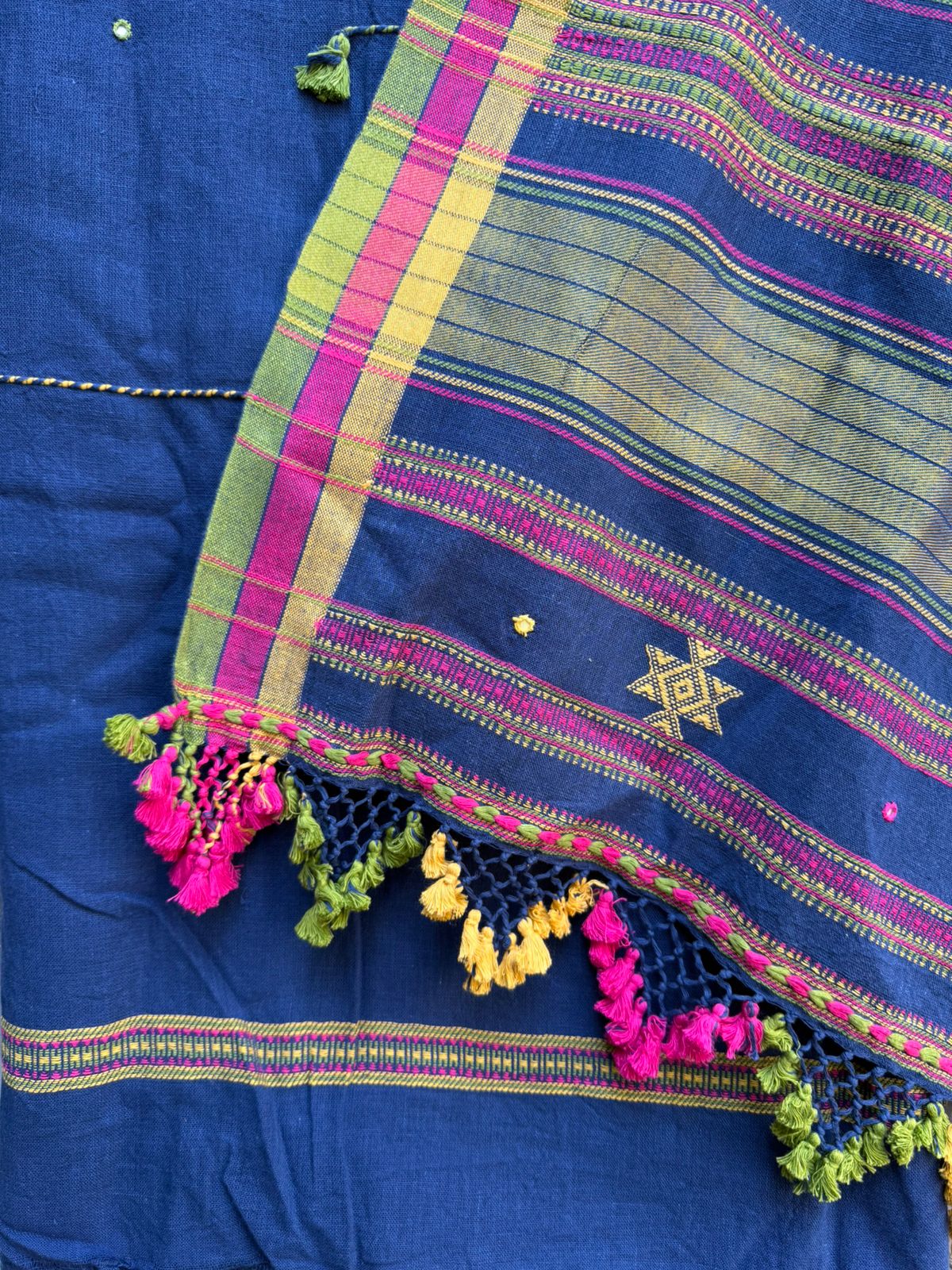 Blue-Tassel Work Bhujodi Kala Handwoven Cotton Set
