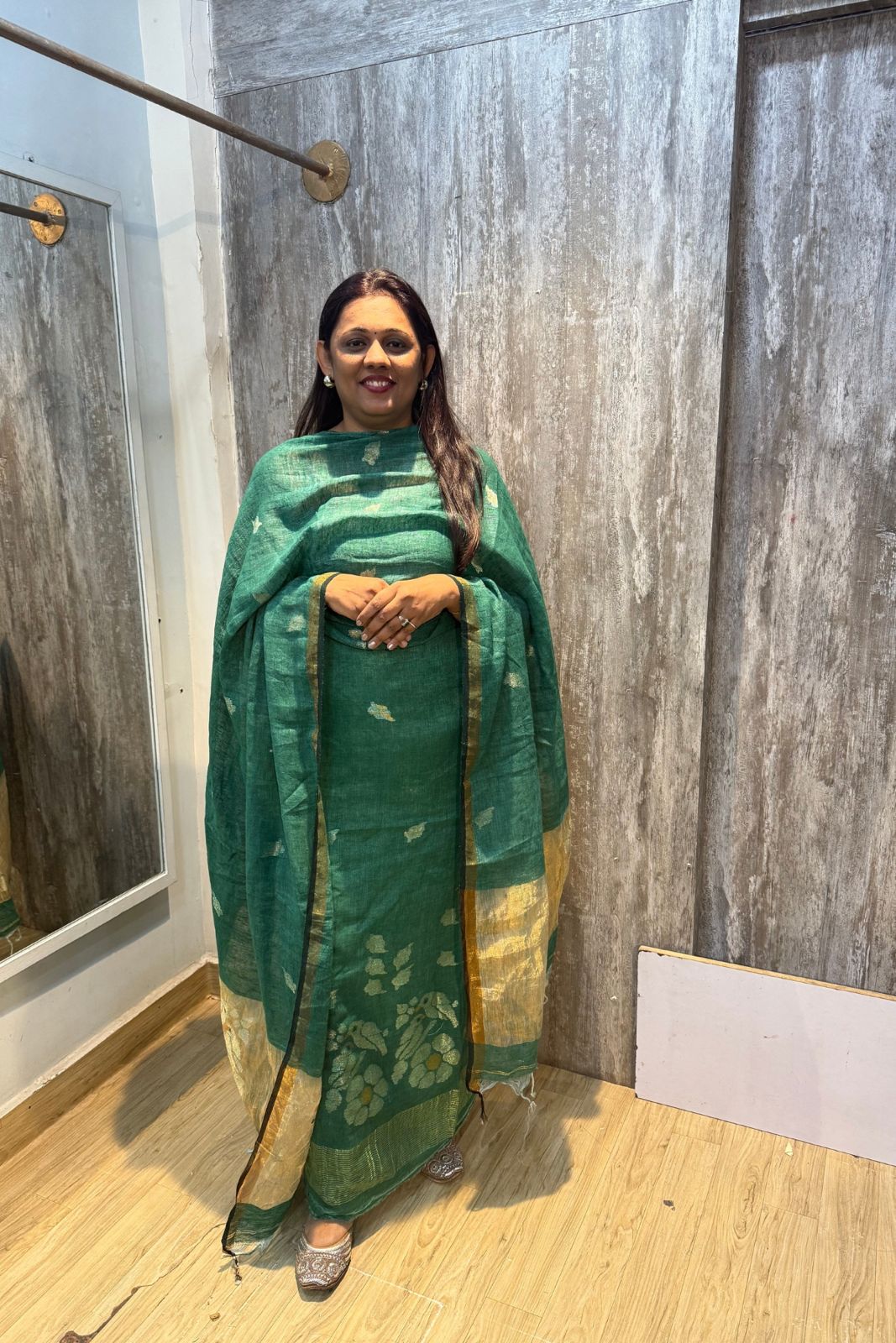 Bright Green Jamdani Linen Dress Suit