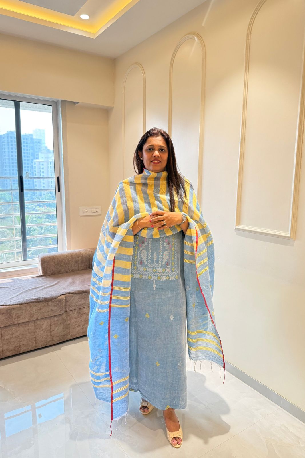 Sky Blue Jamdani Linen Dress Suit