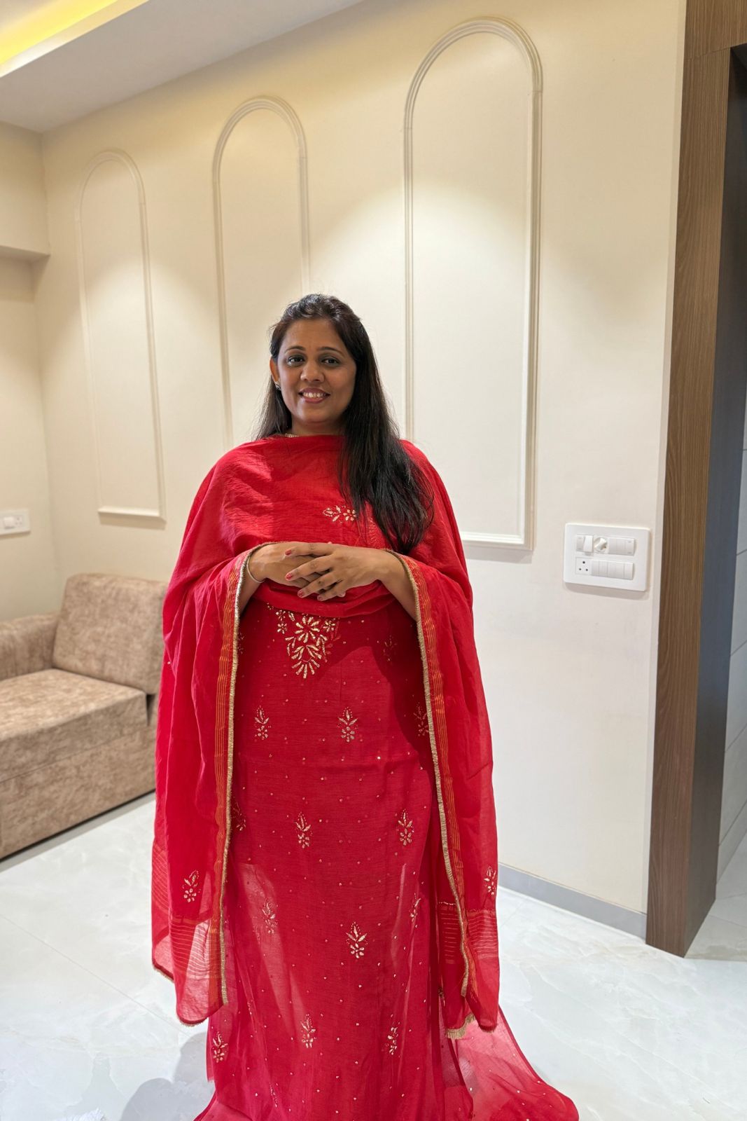 Pure Mul-Chanderi Mukesh Kamdani Lucknowi Work 2-Piece Dress Suit – Red