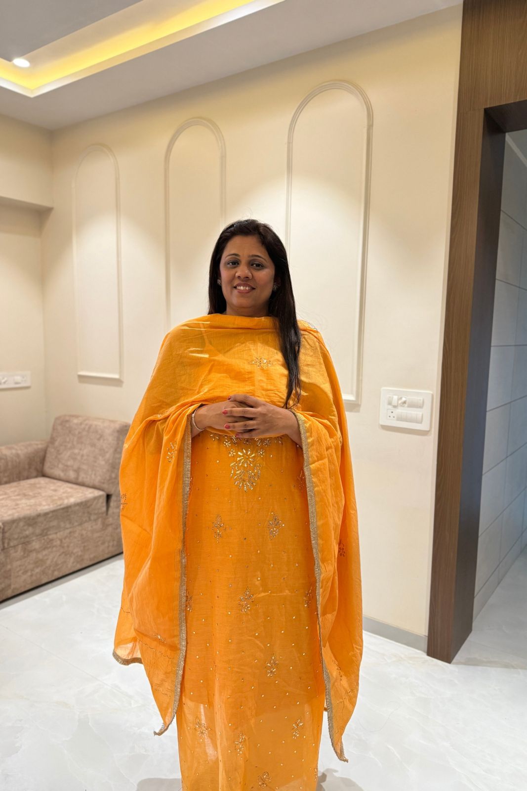 Pure Mul Chanderi Mukesh Kamdani Lucknowi Work 2-Piece Dress Suit – Orangish Yellow