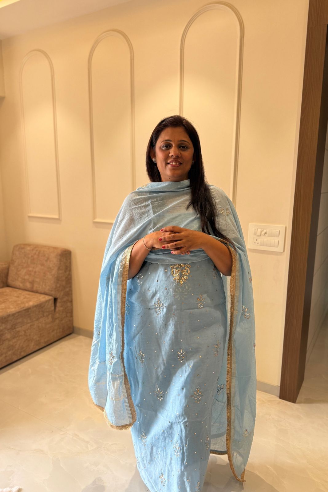 Pure Mul Chanderi Mukesh Kamdani Lucknowi Work 2-Piece Dress Suit – Powder Blue