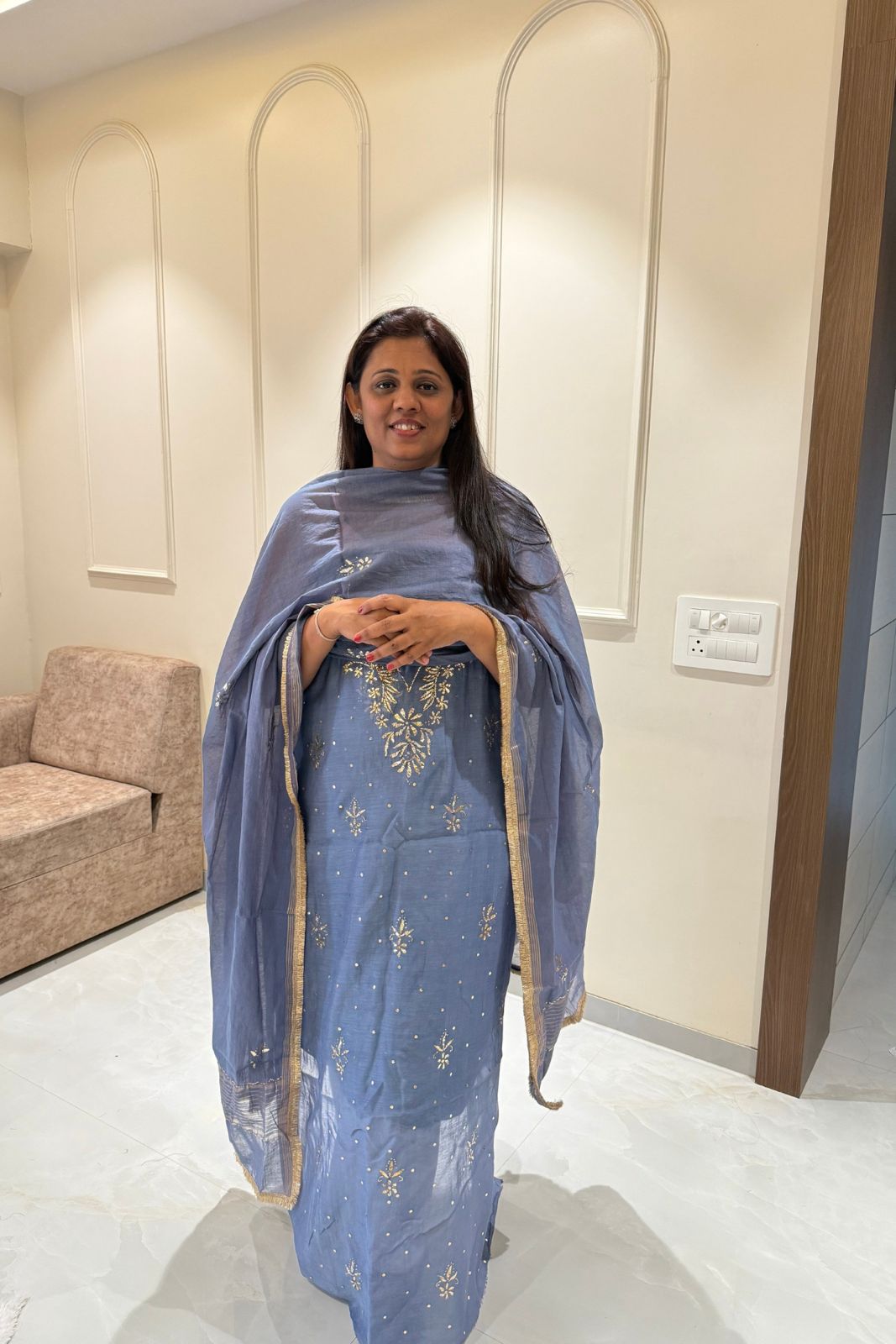 Pure Mul Chanderi Mukesh Kamdani Lucknowi Work 2-Piece Dress Suit – Steel Grey