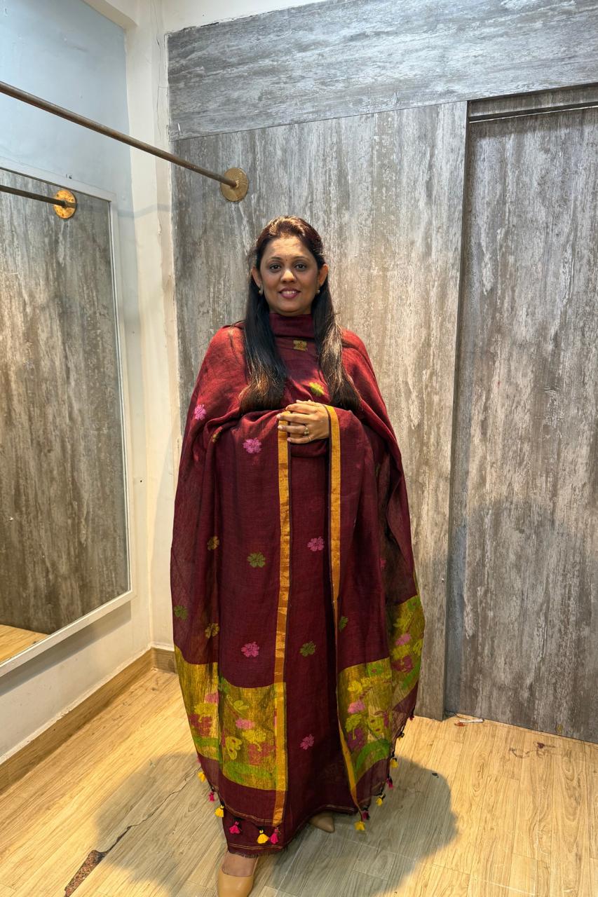 Jayshree Linen Jamdani 2 Pc Set – Maroon