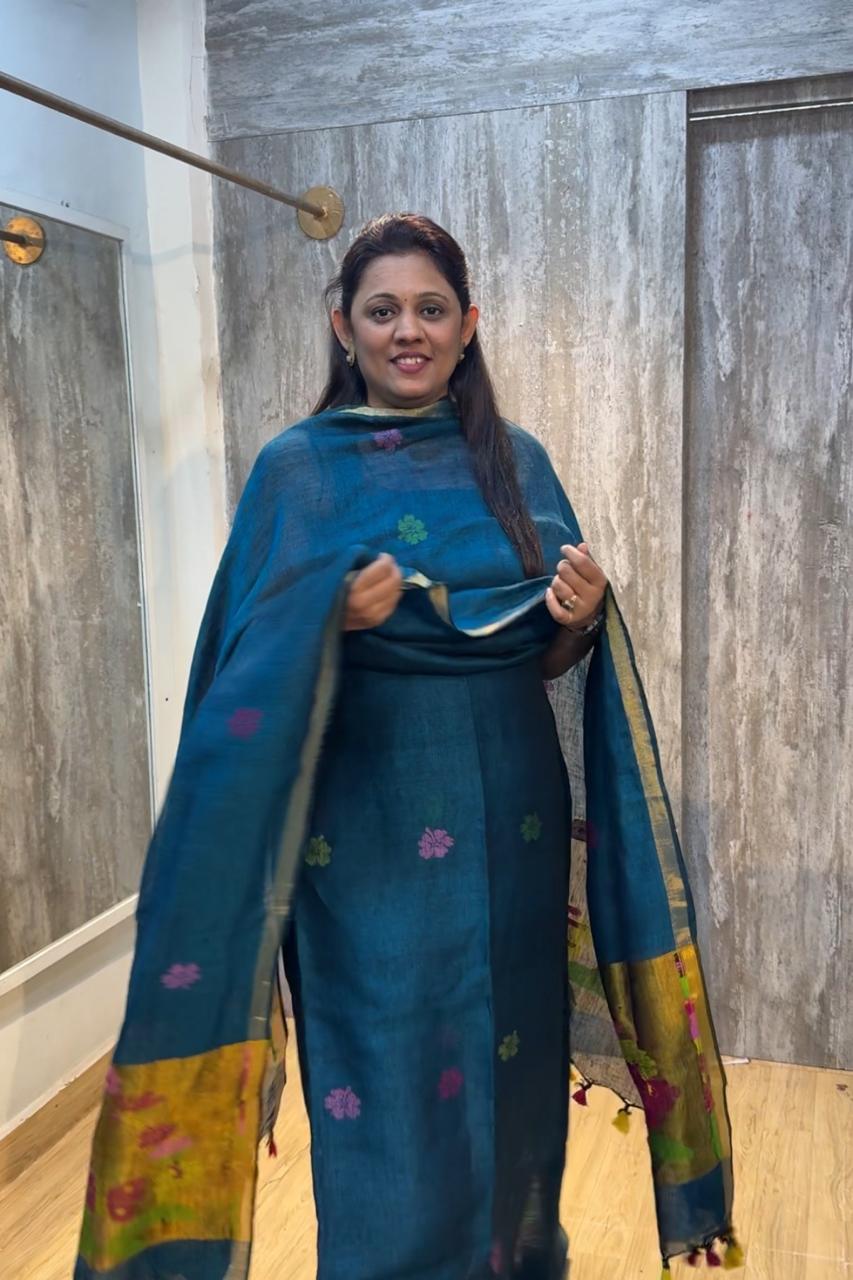 Jayshree Linen Jamdani 2 Pc Set – Greenish Blue