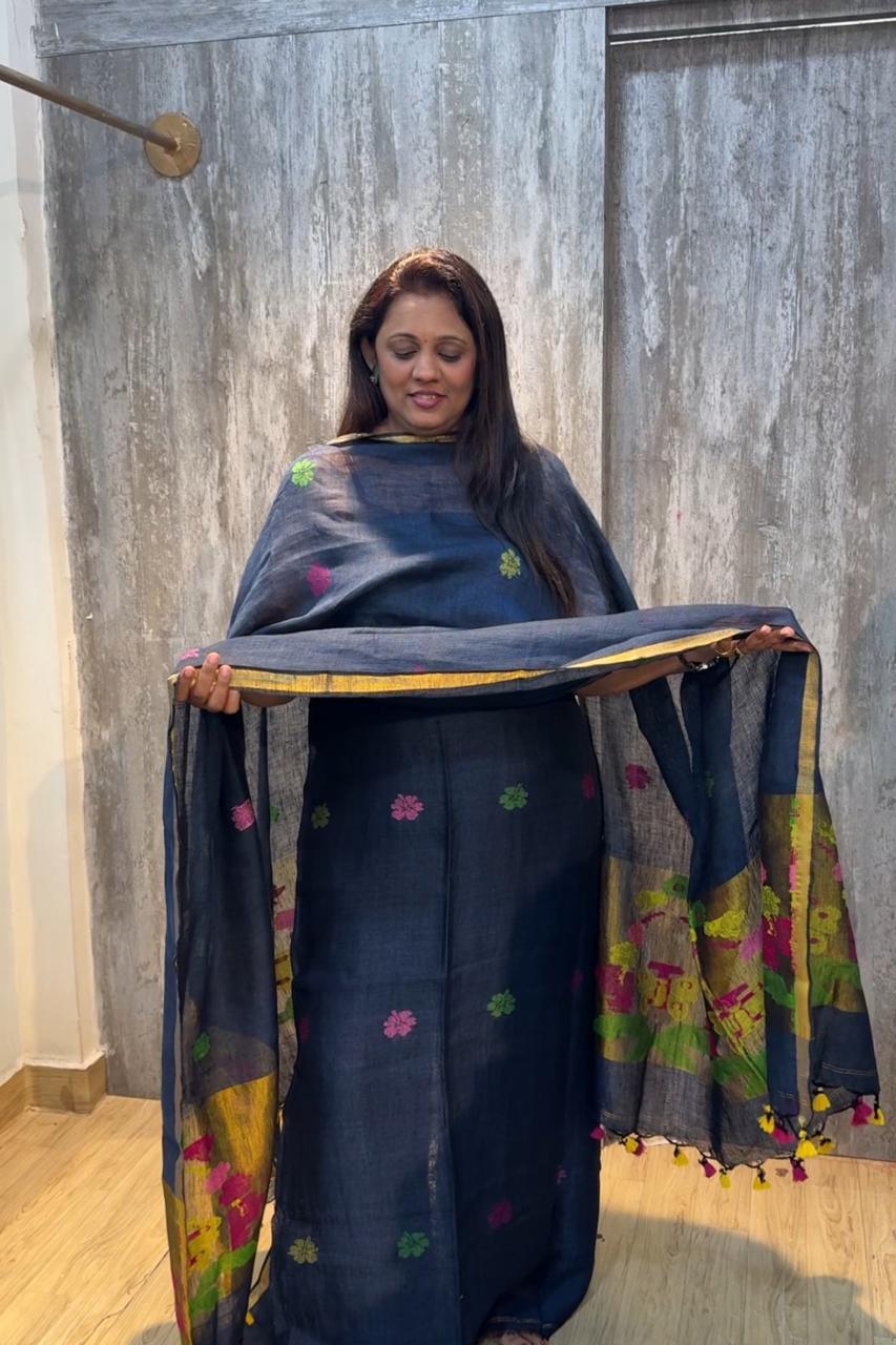 Jayshree Linen Jamdani 2 Pc Set – Persian Blue