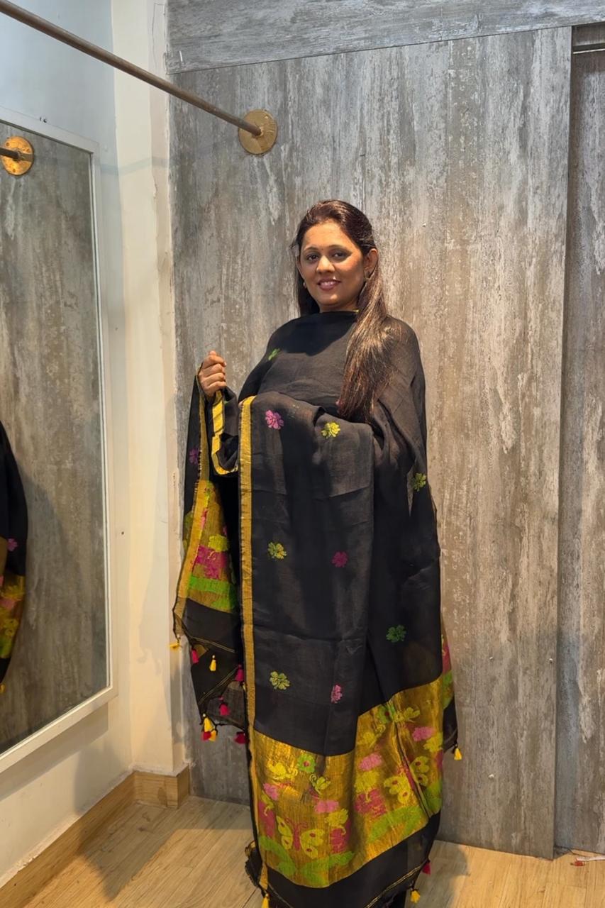 Jayshree Linen Jamdani 2 Pc Set – Black