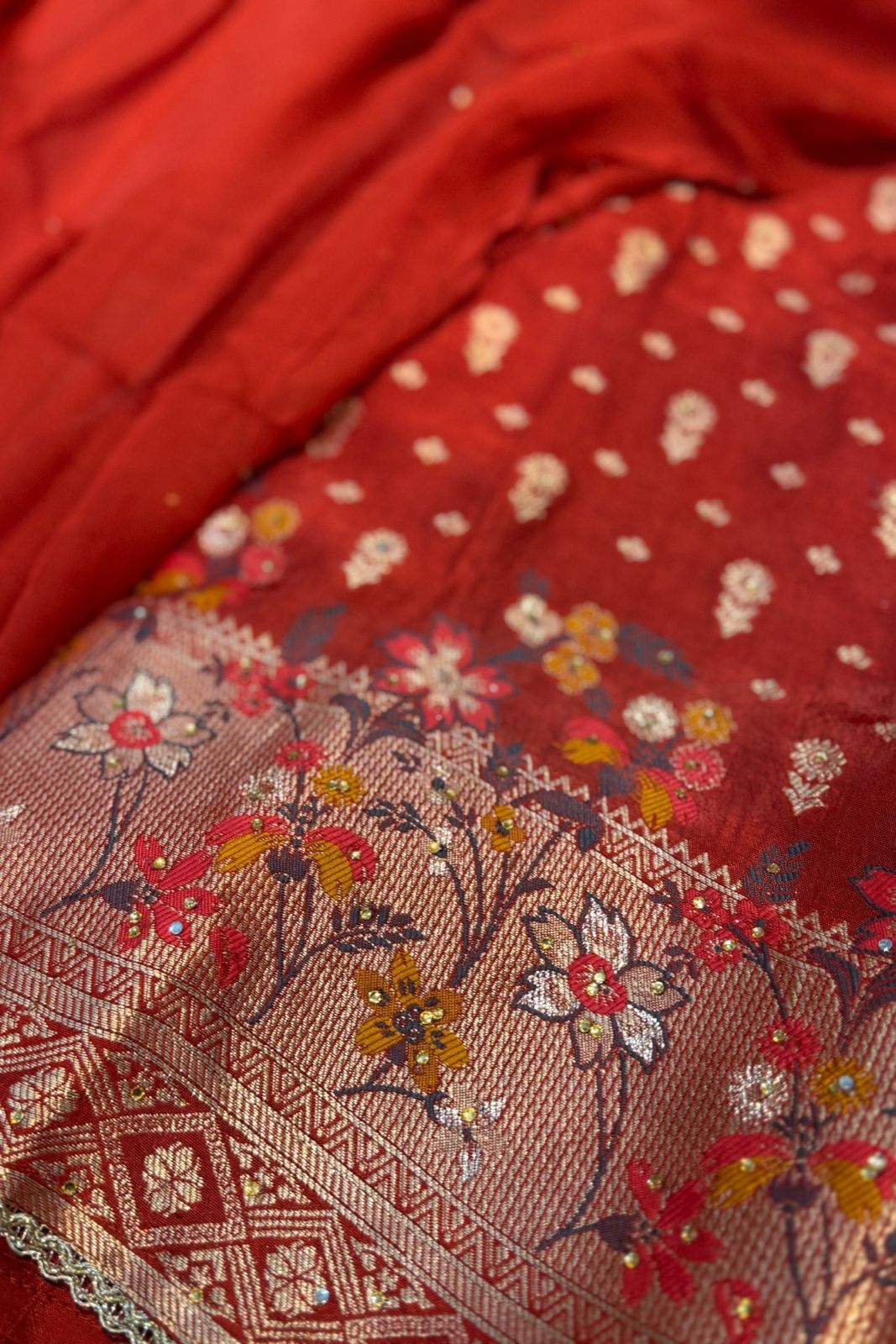 Pure Chanderi Silk Orange Festive Wear – Banarasi Weaving 3 Pc Unstitched Kurta Set