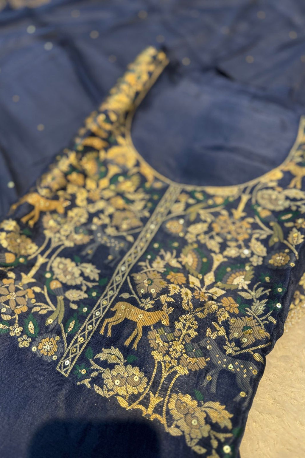 Blue Chanderi Silk Festive 3 Pc Unstitched Dress Suit