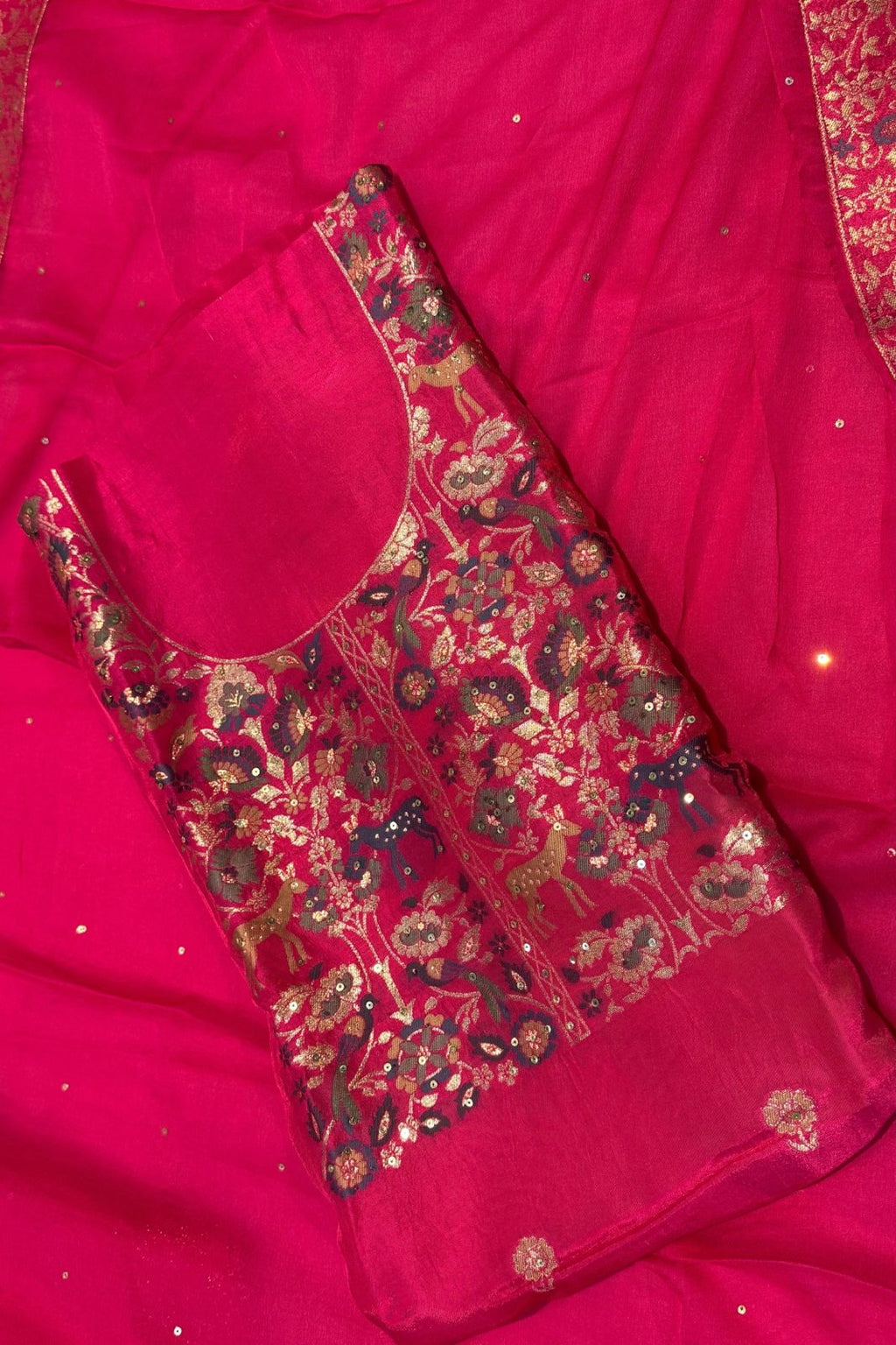 Ranipink Chanderi Silk Festive 3 Pc Unstitched Dress Suit