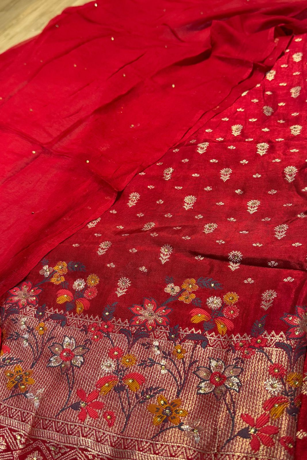 Pure Chanderi Silk Red Festive Wear – Banarasi Weaving 3 Pc Unstitched Kurta Set