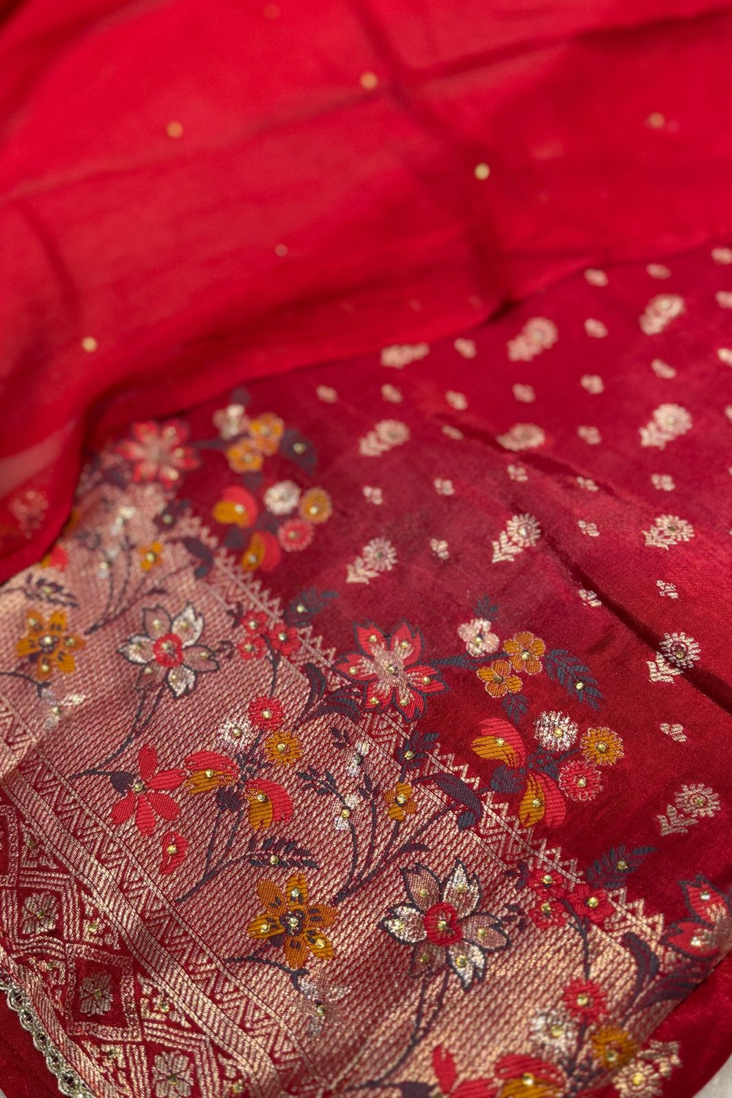 Pure Chanderi Silk Red Festive Wear – Banarasi Weaving 3 Pc Unstitched Kurta Set