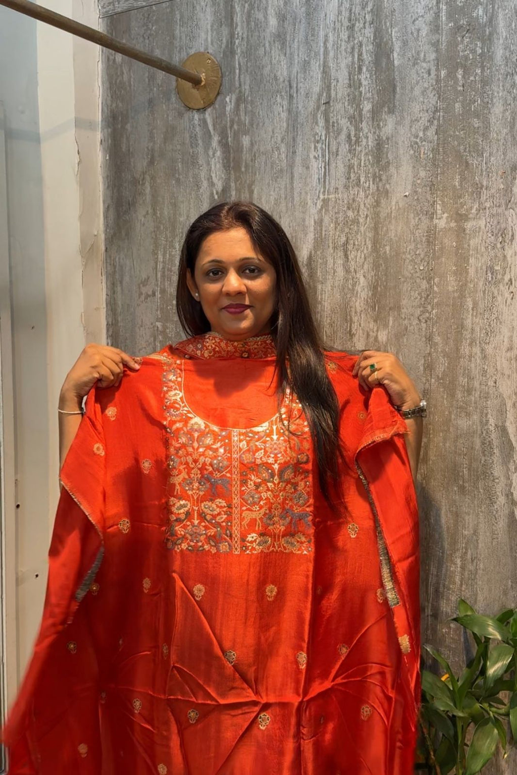 Orange Chanderi Silk Festive 3 Pc Unstitched Dress Suit