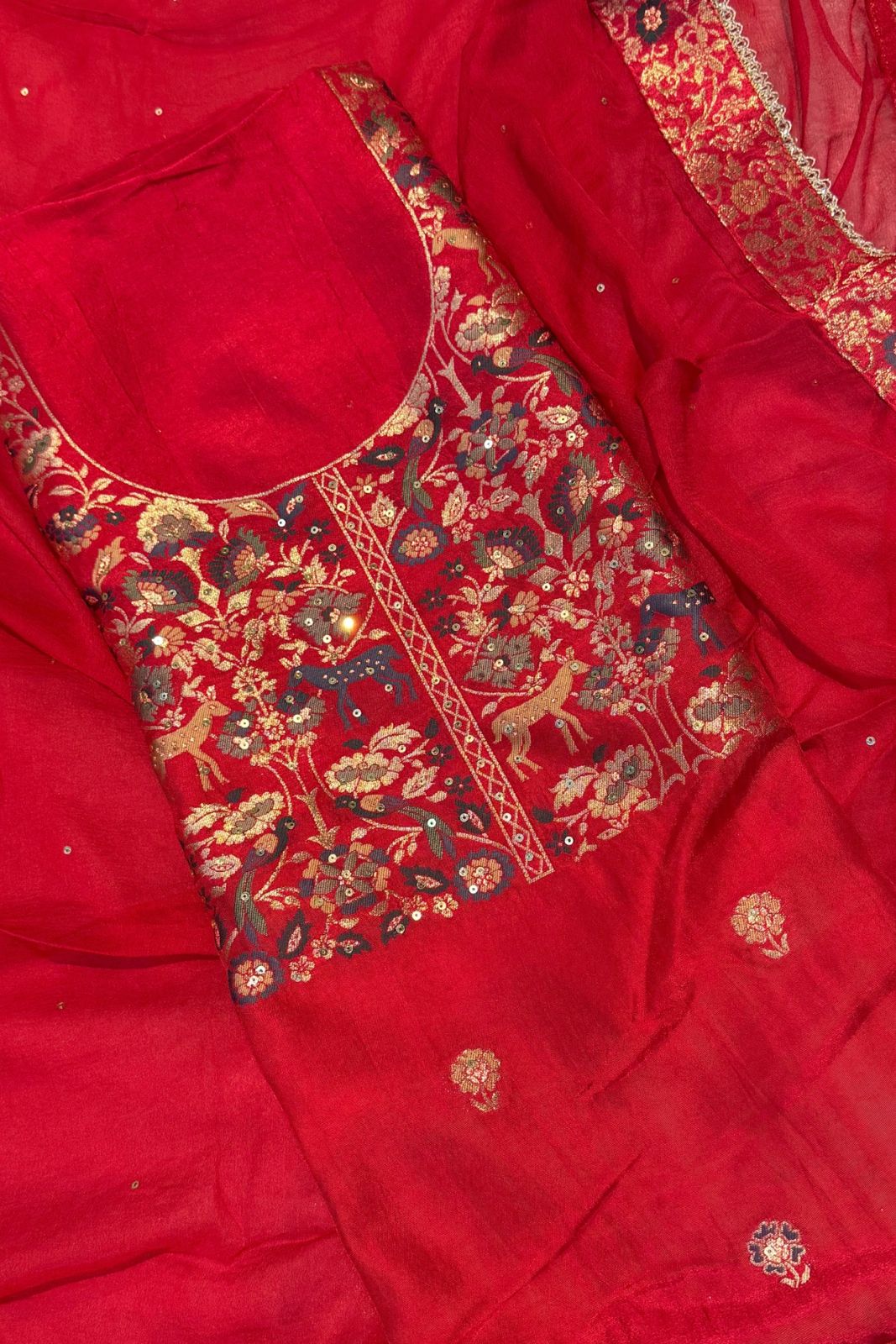 Red Chanderi Silk Festive 3 Pc Unstitched Dress Suit