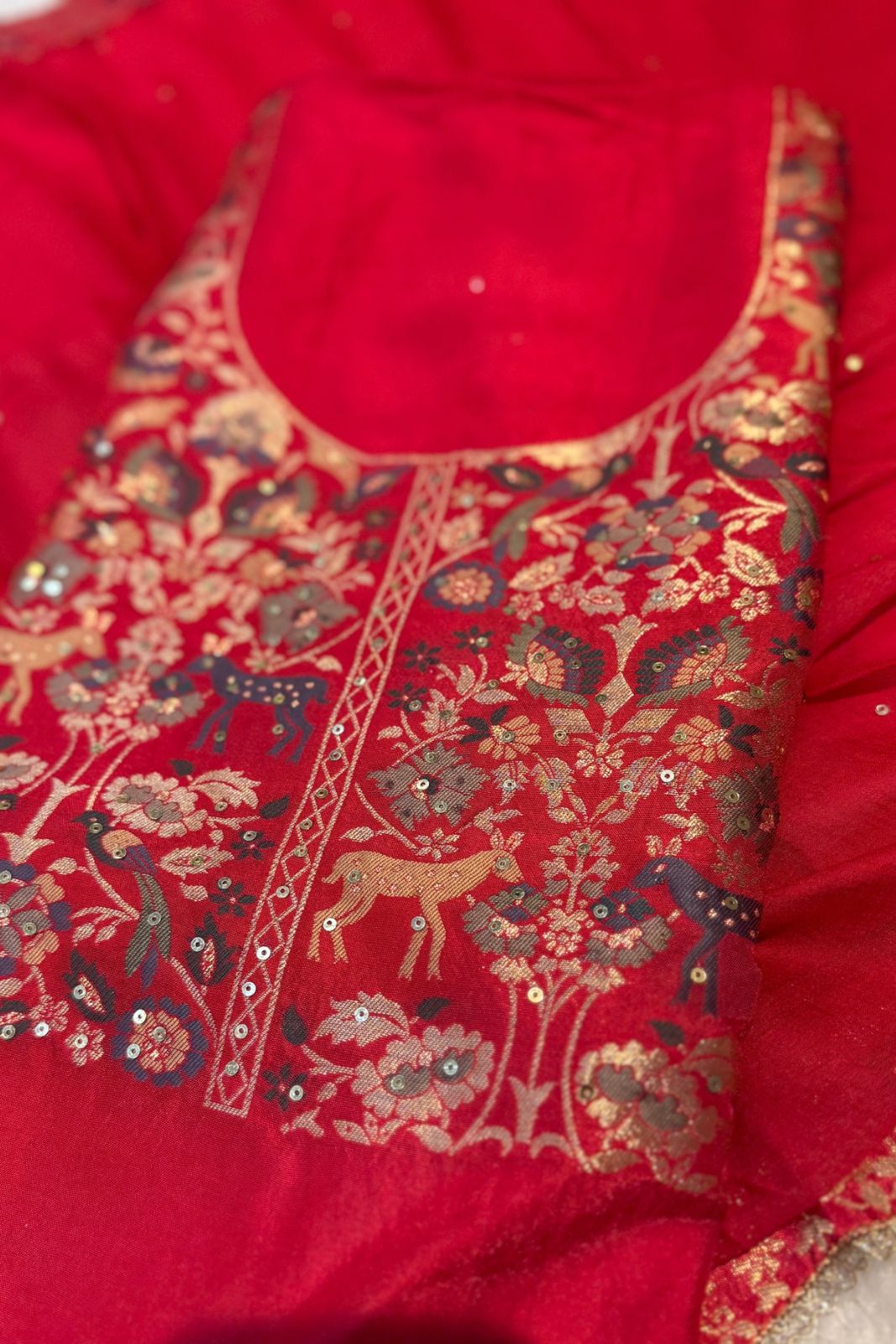 Red Chanderi Silk Festive 3 Pc Unstitched Dress Suit