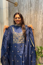 Blue Chanderi Silk Festive 3 Pc Unstitched Dress Suit