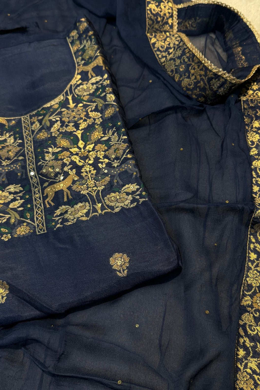 Blue Chanderi Silk Festive 3 Pc Unstitched Dress Suit