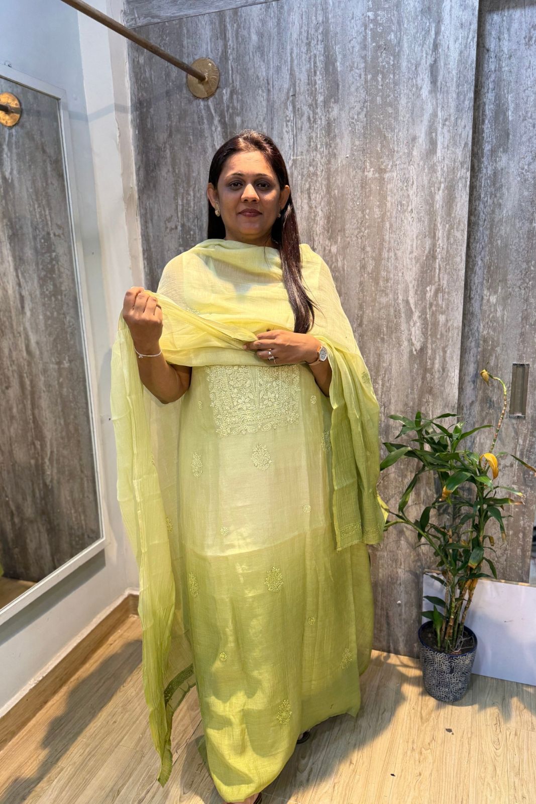 Lucknawi Pure Mul Chanderi 3-Piece Unstitched Kurta Set – tie die green