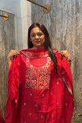 Red Chanderi Silk Festive 3 Pc Unstitched Dress Suit