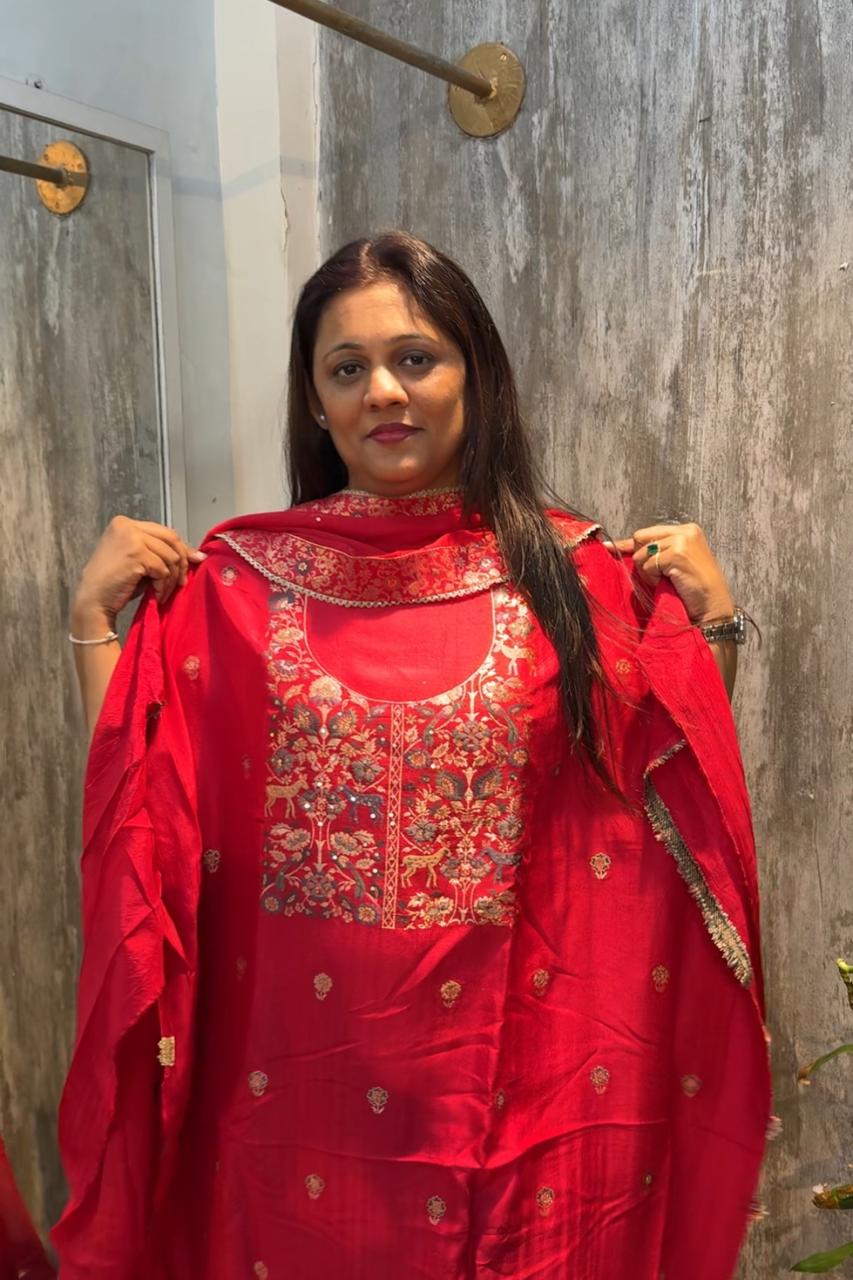 Red Chanderi Silk Festive 3 Pc Unstitched Dress Suit