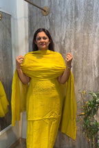 Lucknawi Pure Mul Chanderi 3-Piece Unstitched Kurta Set – Mustard yellow
