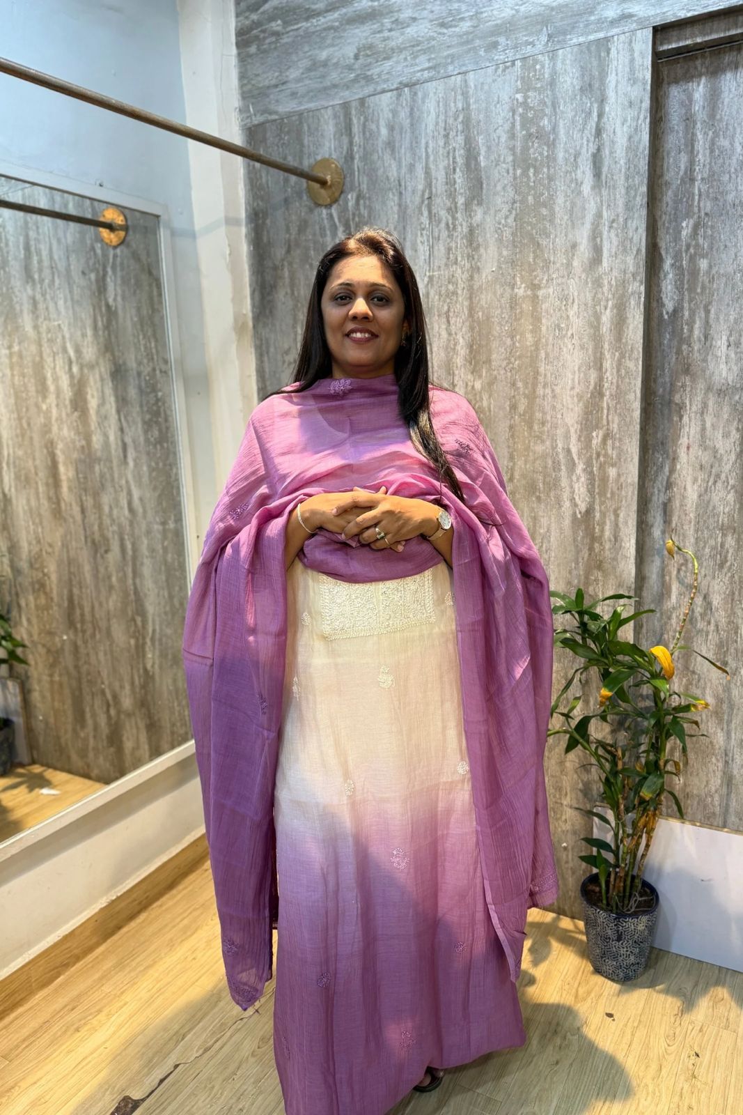 Lucknawi Pure Mul Chanderi 3-Piece Unstitched Kurta Set – Tie die purple white