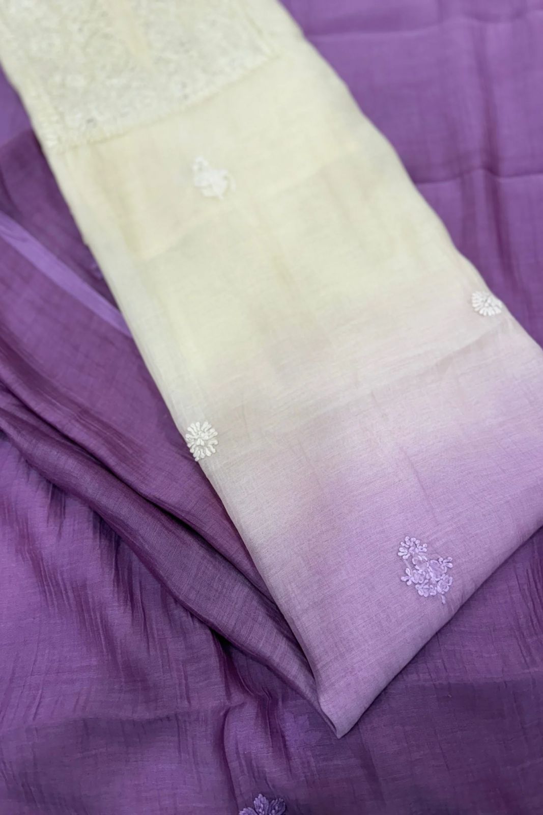 Lucknawi Pure Mul Chanderi 3-Piece Unstitched Kurta Set – Tie die purple white