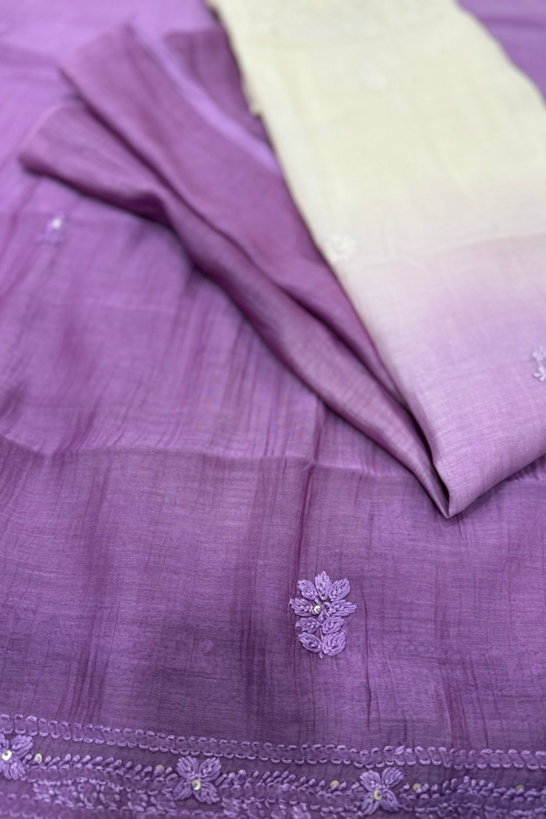 Lucknawi Pure Mul Chanderi 3-Piece Unstitched Kurta Set – Tie die purple white