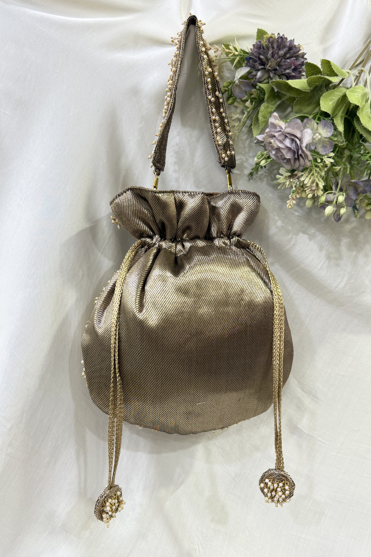 Jardosi Work Potli bag - Brownish Gold